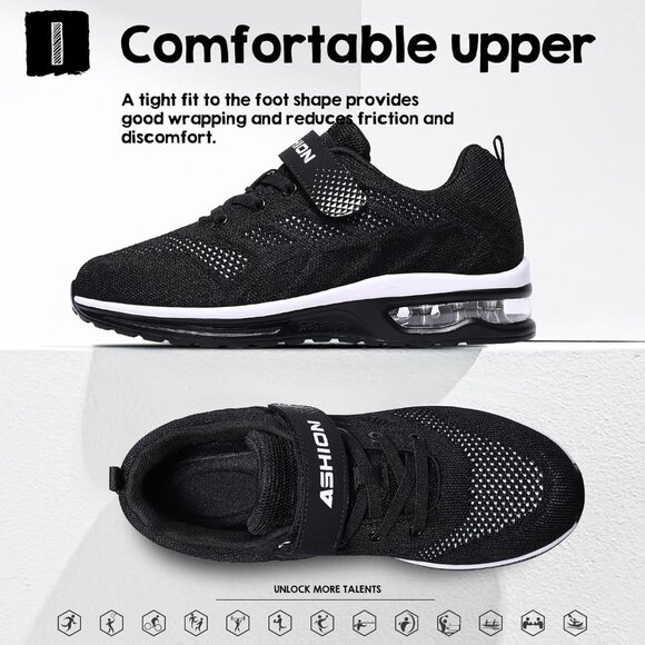 Kids 3208-black White Running Breathable Lightweight NonSlip Comfortable Sneaker - Picture 2 of 7